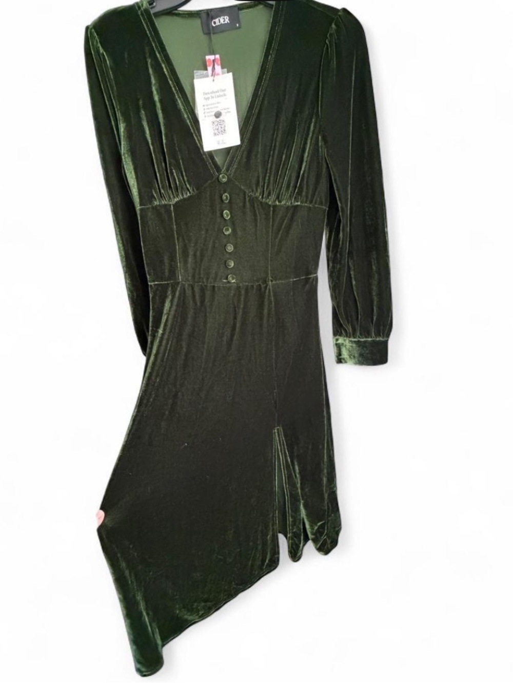 Cider Dark Green Velvet Long Sleeve Midi Dress - Picture 4 of 7